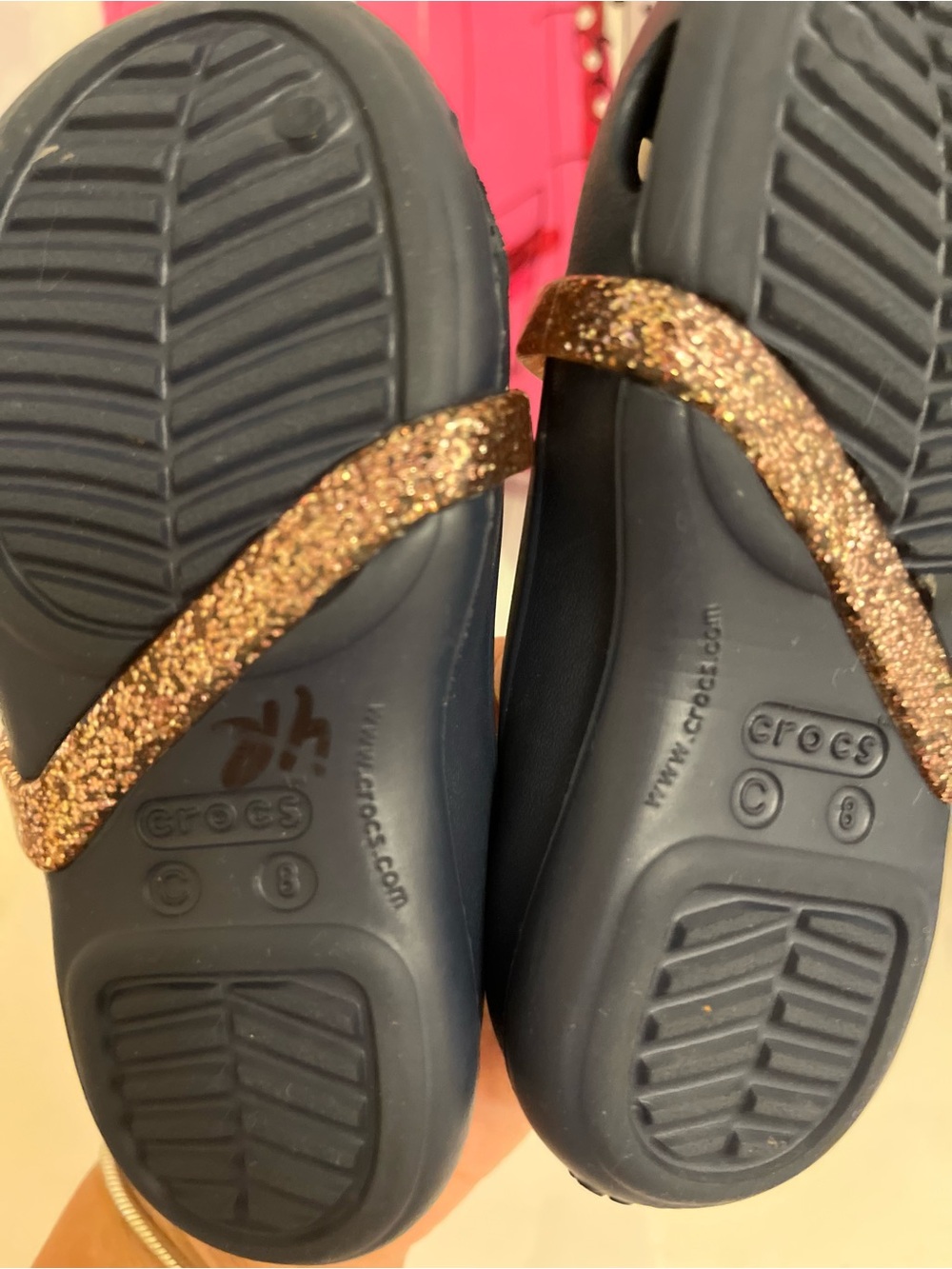 CROCS Navy Kids Mary Jane Flats with Rose Gold Glitter Strap and Light Pink Bow - Picture 6 of 6